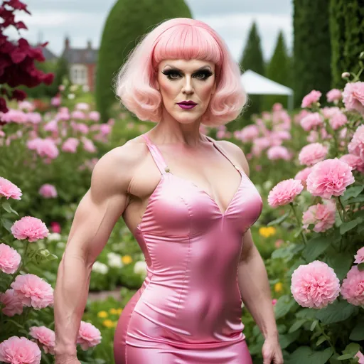 Prompt: Greg Davies dressed up as a Gorgeous 30-year-old Finnish drag queen bodybuilder with short stylish pink hair wearing a short, airy dress, in a flower garden. Professional photography, natural lighting, canon lens, shot on dslr 64 megapixels sharp focus