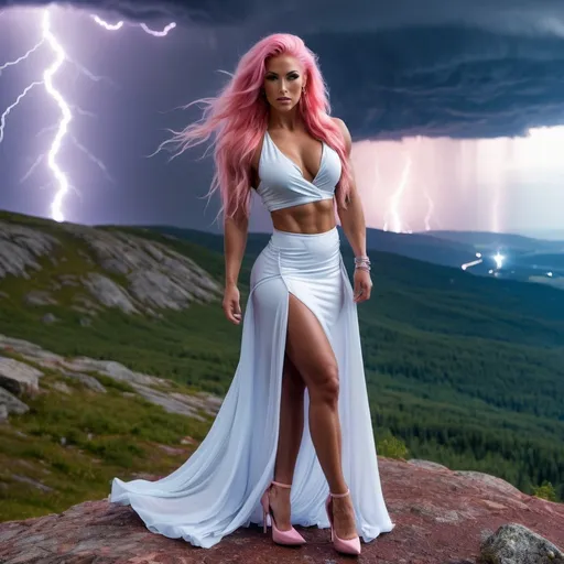 Prompt: A picture of a Gorgeous, ultra-muscular, 
Finnish 25-year-old goddess bodybuilder with huge busom and long stylish pink hair, wearing flowing skirt, a wrap around blouse, and 8 inch stiletto high heel shoes, alone on a mountain top during a lightning storm.