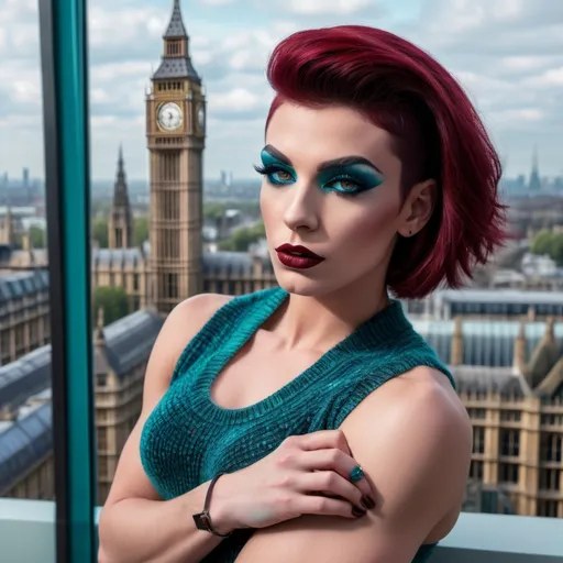 Prompt: Gorgeous muscular 25-year-old French drag queen with strong masculine jawline,  very short dark red hair, dark eyeshadow, and dark lipstick, in the CAD office wearing chenille knitted wrist in teal blue and red gradient, next to the window with London city and Big Ben view