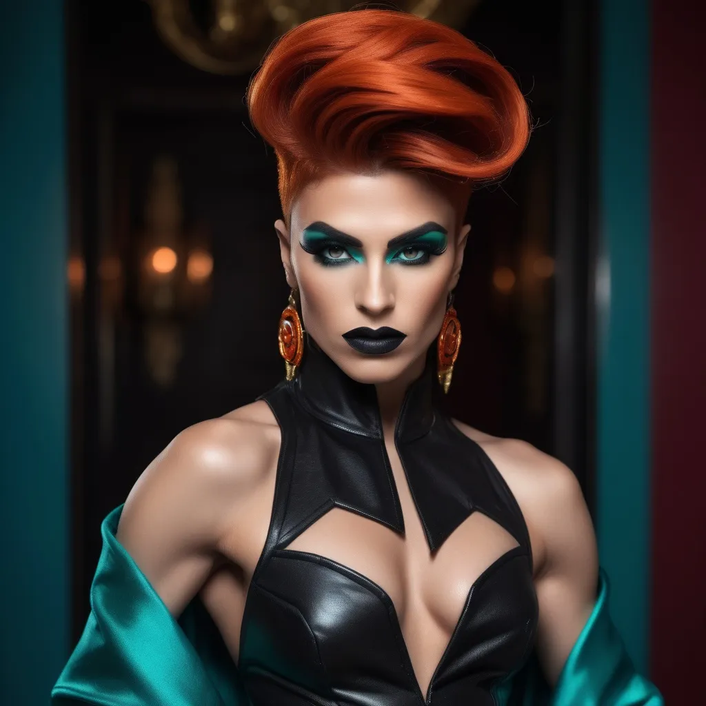 Prompt:  (A gorgeous muscular 25-year-old Macedonian drag queen (masculine jawline and brow features) with dark eyeshadow, 
dark lipstick,  and dark orange hair wearing a teal Versace), fierce pose, dramatic (red and black color palette), high-fashion editorial style, luxurious fabric textures, sleek and chic outfit details, vivid presence, modern ambiance, strong emotional intensity, cinematic lighting, backdrop of elegant high-fashion runway, (ultra-detailed, 4K).