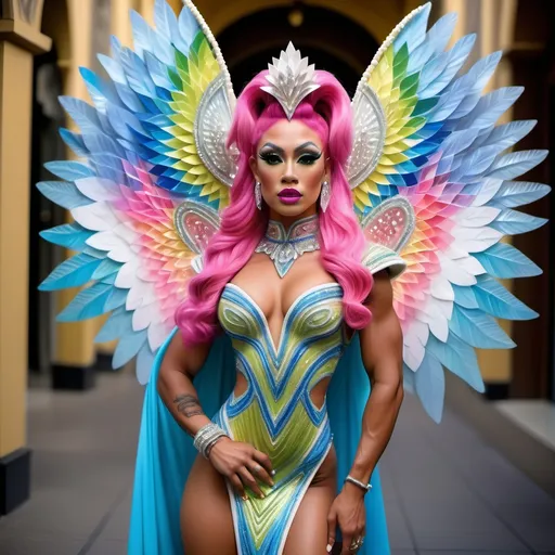 Prompt: Divine Angelic gorgeous muscular 25-year-old Polynesian Hawaiian Balinese Thai drag queen bodybuilder wearing an extravagant costume with vibrant pink styled hair and green eyes in zuhair Murad beaded fitted embellished pearly white blue gold chartreuse pink pastel blue luminous blue topaz platinum silver chrome white pearl opal diamond Swarovski crystal costume gown as a Sandro Botticelli full body painting with large Cartier royal floral jewels and mother of pearl and white abalone aquamarine headdress with pearls blue lotus