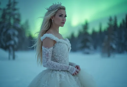 Prompt: (A 3/4 body image)A 25-year-old muscular, beautiful Nordic drag queen bodybuilder wearing A beautiful winter bridal gown designed for cold weather. Taking a bridal photoshoot in the snowy Arctic with the Northern Lights in the background.