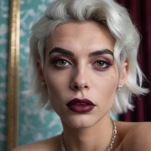 Prompt: Gorgeous muscular 25-year-old silver-haired French drag queen (masculine jawline and brow facial features) in a modern home, against a wall with wallpaper and furniture background
wearing long cable knitted angora mohair sweater , (extremely fluffy:1.8) angora mohair sweater, from side, looking at viewer, smile, (full lips:1.8), dark red lipstick, daek eyeliner, dark makeup, 8k, very detailed, green eyes, very detailed eyes,
source_real, raw, photo, amateur, french drag queen, Close-Set Eyes, [eyecolors violet], full lips, high cheekbones, weak receding chin, burgundy, lob, light blue, lip gloss, __15JeweleryMaterials__ __14Piercing__, large busom,  gorgerous, outdoor, portrait, , highly detailed, detailed skin, depth of field, film grain
(photorealistic) (bokeh) (intricate details) (cinematic lighting) (sharp focus)
