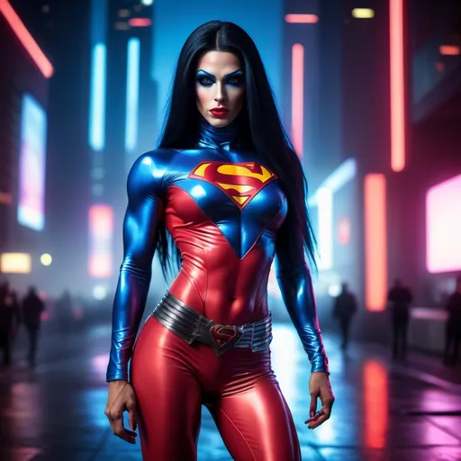 Prompt: Gorgeous ultra-muscular 25-year-old Danish drag queen bodybuilder dressed as Super Man Cyberpunk with long straight shiny black hair, superman suit, and 8 inch stiletto high heel boots, futuristic city skyline, neon lights, vibrant colors, sleek metallic suit, glowing accents, intense expression, night setting, dynamic pose, urban environment, cybernetic enhancements, cinematic depth, high tech gadgets, atmospheric fog, gritty details, ultra-detailed, 4K.