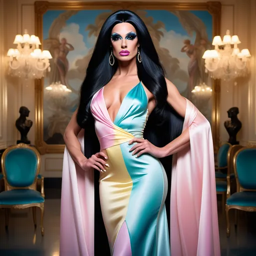 Prompt: Gorgeous muscular 25-year-old French drag queen with long silky black hair, wearing a stunning (Versace silk  pastel dress), gracefully draped around her figure, exuding elegance and glamour. Impeccable styling, luxurious sheen, and vibrant colors of the dress contrasting with her exquisite beauty. The background features a luxurious fashion runway, radiating an atmosphere of high class and sophistication. Kite with (ultra-detailed) and (4K) quality, the composition highlights the essence of modern fashion.