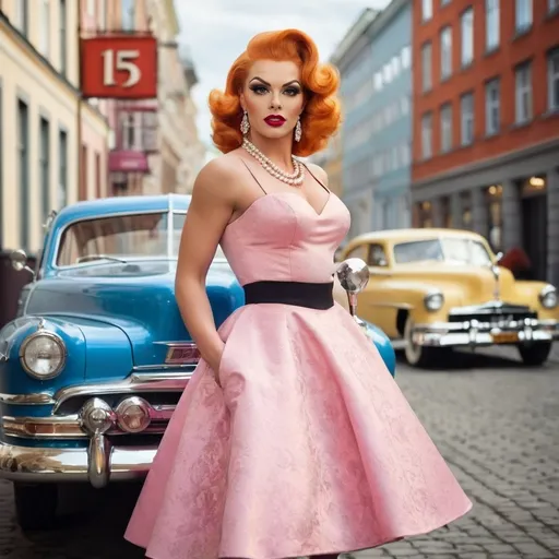 Prompt: Gorgeous muscular 25-year-old Finnish drag queen bodybuilder (strong  masculine jawline and brow facial features) with big busom (wearing a vintage fashion), (1950s style), elegant outfits, fitted dresses, petticoats, bold patterns, retro accessories, stiletto heels, bold colors, soft shades, nostalgic atmosphere, warm lighting, high-quality, ultra-detailed, stylish urban setting, realistic poses, cheerful mood, classic hairstyles, cinematic masterpiece.