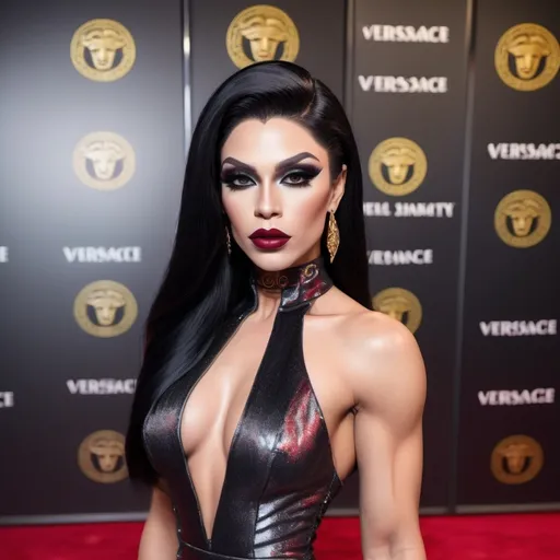 Prompt: Gorgeous elegant muscular 25-year-old drag queen with long straight shiny black hair, wearing a beautiful Versace designed dress and 8 inch stiletto high heel shoes,  dark smokey eye shadow, Dark red lipstick.  Walking the red carpet.