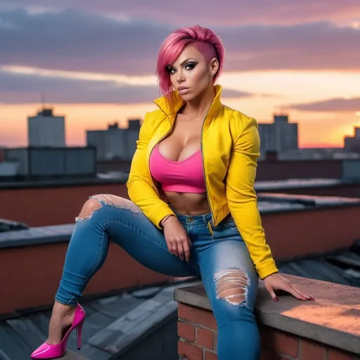 Prompt: 4k , high resolution , detailed ,glamour photography , dramatic colors, realism ,professional, lights , art photography, neglected rooftop, urban view, sunset , a gorgeous ultra-muscular 25-year-old Finnish goddess bodybuilder with huge busom sitting on the roof in modeling pose, pink short bangs hair, opened yellow coat and pink crop top under the yellow jacket  , blue long tight  ripped jeans , 8 inch stiletto high heel shoes, portrait , legs , low angle shot 