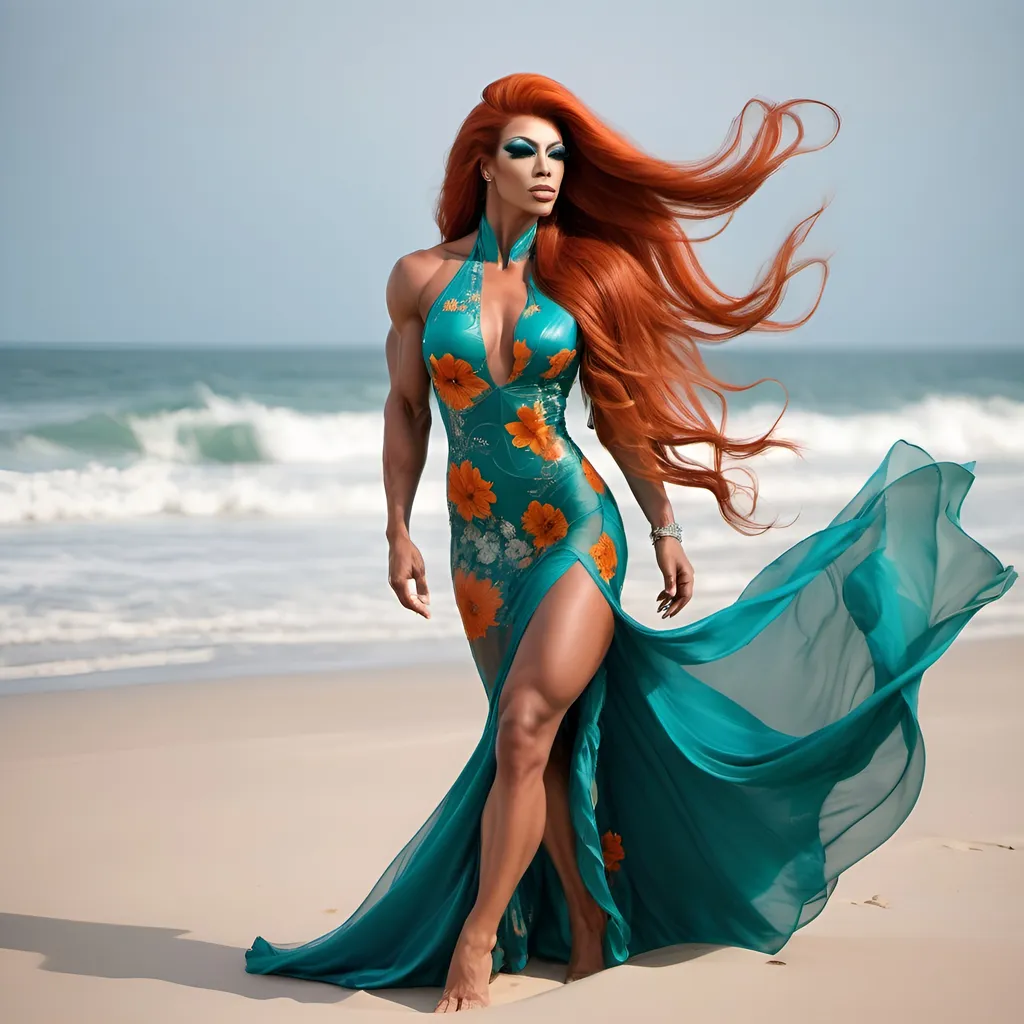 Prompt: Gorgeous ultra-muscular drag queen  bodybuilder, 26yo, immaculate makeup, ridiculously long wavy dark orange hair (((blowing in the wind))), wearing long teal see-through flower print Empire Dress with a high neck line, walking elegantly by the sea at dawn, walking on white beach sand, side view