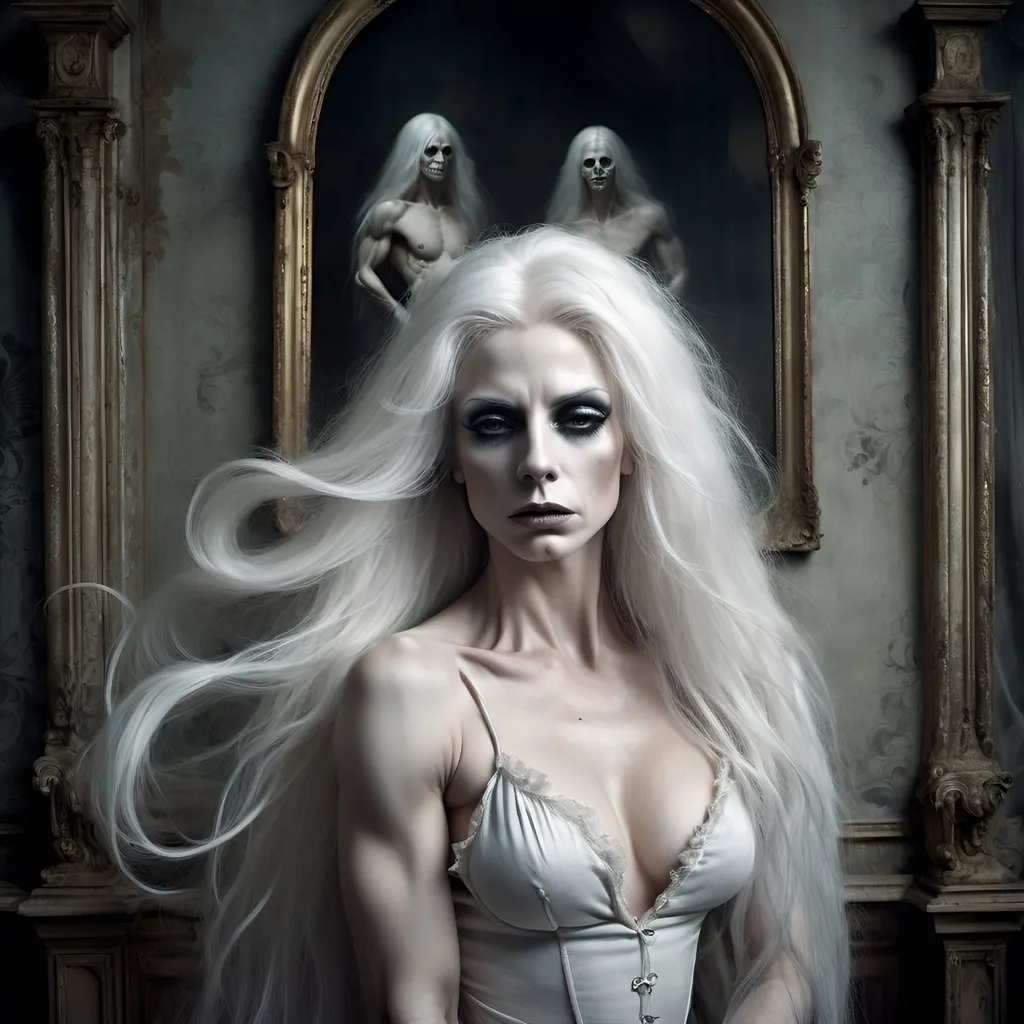 Prompt: Single image: A gorgeous dreamy ghostly ultra-muscular 35-year-old French drag queen bodybuilder with ridiculously long flowing ghostly white hair remains alone and eternally sad in her haunted Victorian Old mansion waiting for her long lost love to return art by Daria Endresen, John Reuss, Lin Fengmian, Robert Ryman, Elger Esser, Rimel Neffati. 3d, watercolors and ink, beautiful, fantastic view, extremely detailed, intricate, best quality, highest definition, zoomed in, hyper-muscular, muscles