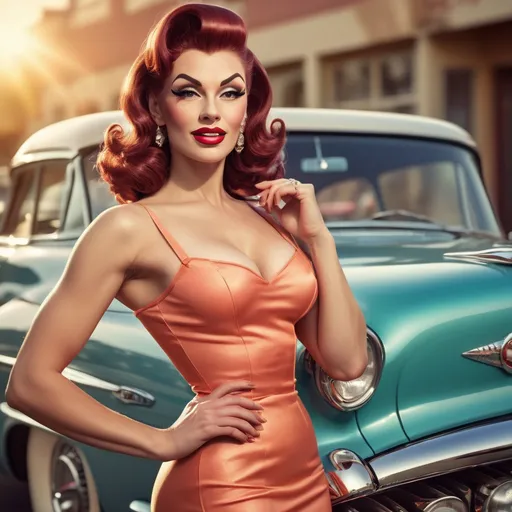 Prompt: photorealistic, (hyperrealistic) portrait of a 50s pinup drag queen bodybuilder model (strong masculine jawline and brow features), posing alluringly by a classic vintage 50s car, vibrant colors, warm sunlight illuminating her radiant skin, nostalgic ambiance, vintage pin-up poster style, high-quality, detailed textures, retro fashion style, captivating smile, glossy finish, soft focus on the background to highlight the model and car, creating a timeless nostalgic feel.