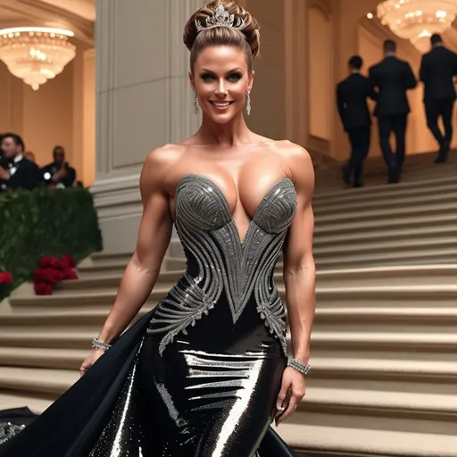 Prompt: Glamour photography of Gorgeous ultra-muscular 35-year-old (Caucasian) Swedish bodybuilder with a huge busom, and ridiculously long wavy dark red tight updo hair on the Met Gala steps in New York wearing designer black and silver gown with long train, intricate details, glitter and jewels, posed 3/4 turn standing, smile, in the style of Guy Aroch