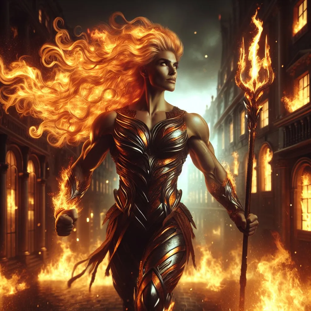 Prompt: Gorgeous muscular 25-year-old (Caucasian) goddess with huge busom carrying a flaming trident, wearing armor of fire, ridiculously long flowing hair of fire, walking through a burning town. 