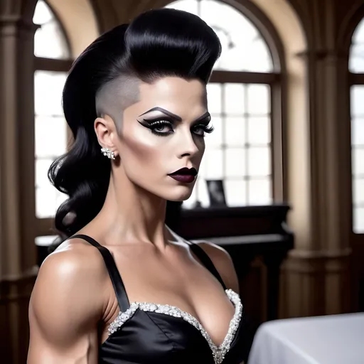 Prompt: Bride of Frankenstein is a gorgeous ultra-muscular 25-year-old Swedish drag queen bodybuilder dressed in a conservative and classy dress with heels.. Very classy. Very strong masculine jawline and brow. Dark eyeshadow and dark lipstick. Posing in an old spooky mansion.