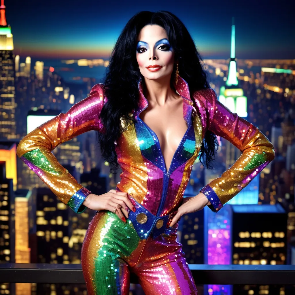 Prompt: Michael Jackson  dressed as a 25-year-old gorgeous drag queen Cher posing on the ledge of a building, high above NYC.