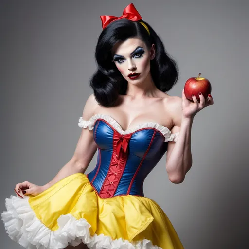 Prompt: Gorgeous ultra-muscular 25-year-old well endowed Finnish drag queen (strong masculine jawline and brow features) with dark eyeshadow,  dark lipstick, and ridiculously short shiny black hair dressed as Snow White with a yellow frilly dress, a blue & red corset, a red ribbon in her hair, and 8 inch stiletto high heel shoes.  Holding an apple in a quaint cottage.