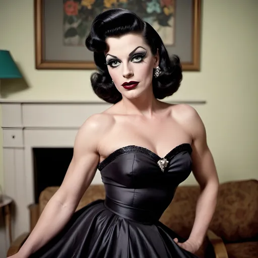 Prompt: A gorgeous muscular 30-year-old Czechian drag queen housewife (((dark eyeshadow and dark lipstick))) in the 1950s wearing a solid sweetheart swing dress. Posing in the living room.