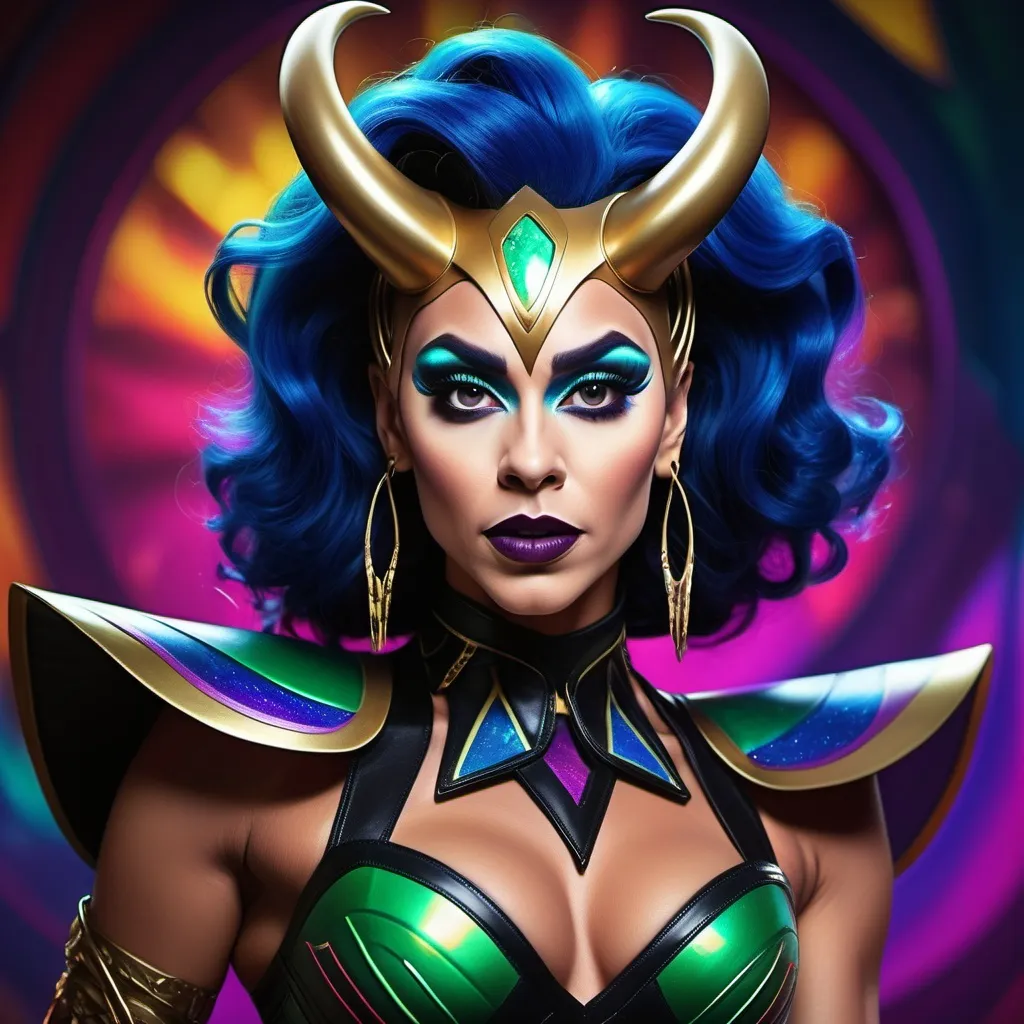 Prompt: If Loki was a gorgeous hyper-muscular 25-year-old drag queen with Dark eye makeup and dark lipstick. Wearing 8 inch stiletto high heel shoes.