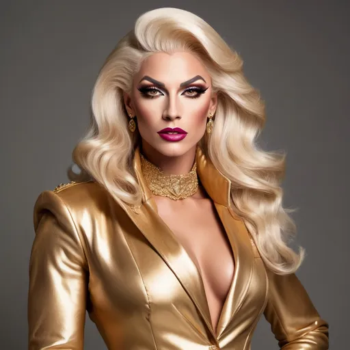 Prompt: "A gorgeous muscular British drag queen in her late twenties with striking platinum blonde hair and light brown eyes that shimmer with a golden hue. She has a sharp, regal face and an air of authority. Known as the 'Golden Dutchess,' she is tall and muscular, exuding confidence and refinement. Dressed in a tailored noble coat with intricate detailing, she stands in a grand hall, her demeanor poised yet guarded, hinting at a troubled past beneath her polished exterior."