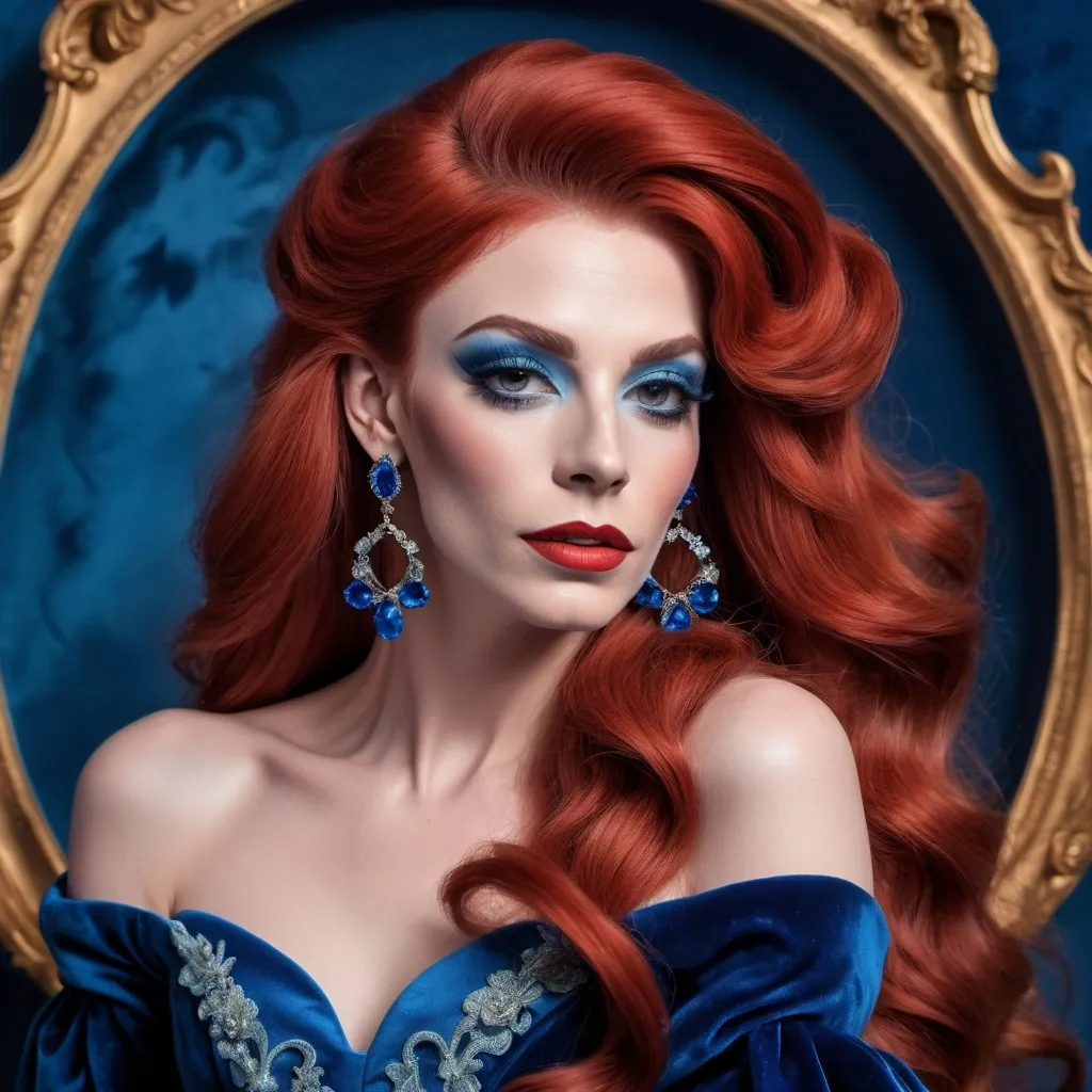 Prompt: a French drag queen (with strong masculine jawline and brow facial features) with long red hair wearing blue velvet dress and earrings, posing for a picture with a blue background, Elina Karimova, rococo, elegance,  photorealistic