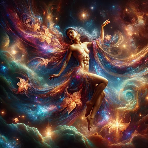 Prompt: Exquisite, sparkling gorgeous Italian 25-year-old Goddess with a muscular physique falling through space, revealing flowing dress, incredible body form, beautiful face, buxom body, nebulae, stars, planets, detailed, highres, glowing, surreal, fantasy, colorful, cosmic, celestial, goddess, flowing, ethereal, detailed, vibrant, heavenly, art nouveau, luminous, graceful, vivid, space opera, best quality