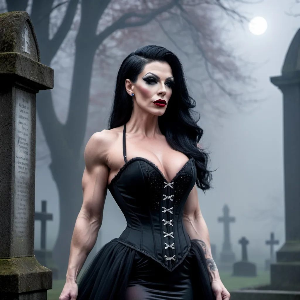 Prompt: A gorgeous muscular 35-year-old British drag queen bodybuilder with jet-black hair and crimson lips, dressed in a corset-style black gown, walking through a misty, moonlit graveyard.
