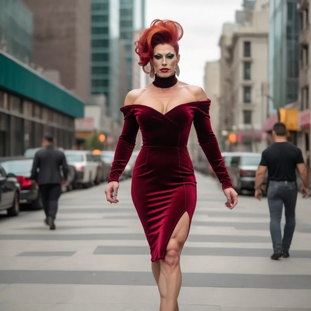 Prompt: Gorgeous muscular 35-year-old Siberian drag queen (masculine facial features) bodybuilder with long dark red updo hair, long muscular legs and large busom, dressed in a short tri-colored velvet dress and 8 inch stiletto high heel shoes walking elegantly through a fashionable cityscape.