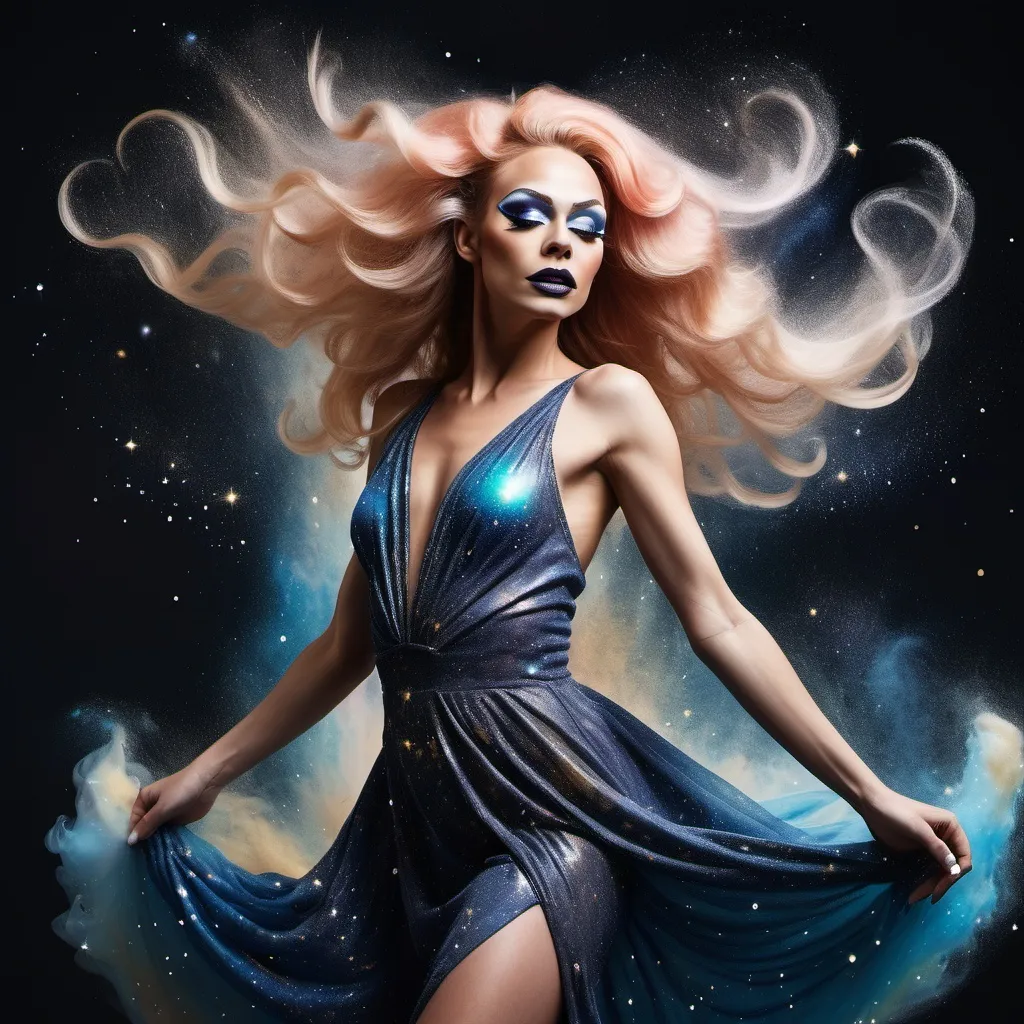 Prompt: a stunning depiction of a gorgeous 25-year-old Swedish drag queen dancer whose flowing movements create beautiful, swirling galaxies. The dancer's form and dress are painted with stars and cosmic dust, illustrating the harmony between human expression and the universe. Light background