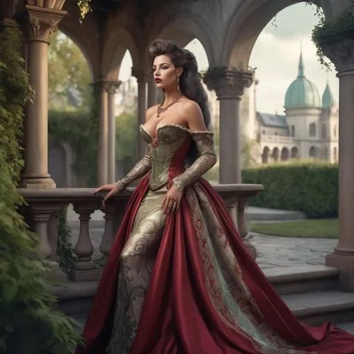 Prompt: Highly detailed digital art of a gorgeous muscular 25-year-old Spanish drag queen bodybuilder with big busom, dark hark, dark red matte lipstick,  dressed in flowing satin silk gown, palace garden, Anton Pieck style, medieval fantasy, intricate patterns, ornate cloth, royal attire, detailed realistic clothing folds, lush greenery, soft pastel tones, romantic lighting, professional, ultra-detailed, fantasy, medieval, satin gown, palace garden, Anton Pieck style, ornate architecture, lush greenery, romantic lighting, royal attire, intricate patterns, soft pastel tones, flowing fabric, professional lighting