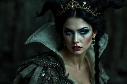 Prompt: Grunge medieval Snow White drag queen (strong masculine jawline and brow facial features), impasto, old picture effect, whimsical, highres, detailed, medieval, impasto, old picture effect, grunge, Snow White, fairy tale, dark tones, atmospheric lighting