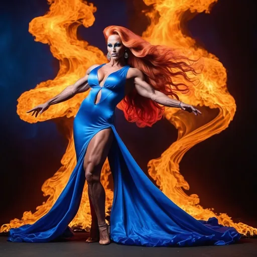 Prompt: Gorgeous muscular 25-year-old Swedish drag queen bodybuilder dancing on blue flame, silhouette, lava, long flowing blue flame gown, huge busom, long wavy fiery hair, long muscular legs, very muscular dancing drag queen, mystical background, 