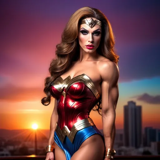 Prompt: (Gorgeous ultra-muscular Israeli drag queen bodybuilder wearing wonder woman dress and 8 inch stiletto high heel boots) age 25 years old, professional photo, vivid colors, studio lighting, hyper detailed, HDR, bokeh, long silk hair, full body, perfect anatomy, beautiful face ,Sunset background, highly realistic, ultra-detailed, 8K, high quality.