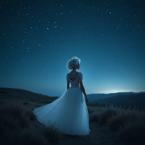 Prompt: (beautiful white Swedish drag queen) walking gracefully under a starlit sky, (melancholic mood), deep indigo and shimmering silver tones, soft ethereal glow, a delicate veil of night softly surrounding her, gentle whispers of a cool breeze, capturing a moment of quiet elegance, (highly detailed), enchanting landscape in the background, timeless and romantic atmosphere.