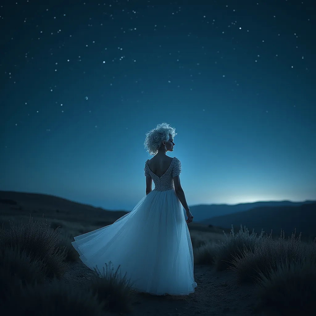 Prompt: (beautiful white Swedish drag queen) walking gracefully under a starlit sky, (melancholic mood), deep indigo and shimmering silver tones, soft ethereal glow, a delicate veil of night softly surrounding her, gentle whispers of a cool breeze, capturing a moment of quiet elegance, (highly detailed), enchanting landscape in the background, timeless and romantic atmosphere.