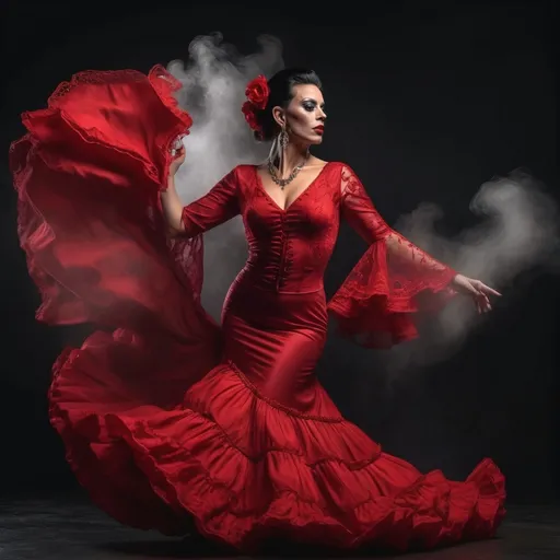 Prompt: a beautiful and sensual 35-year-old drag queen flamenco dancer in red dress dancing gracefully, dark minimalist background, gorgeous detailed face features, background space around her, 
Splash art, hyper detailed, ultra realistic, highly detailed, surreal heavy mist,
Perfect studio lighting, perfect shading, impeccable contrast, HDR, UHD, high res, 64k