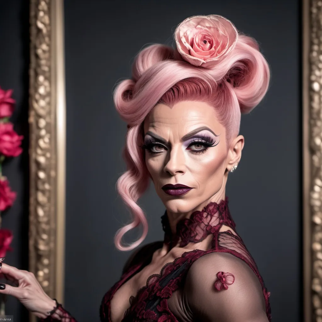 Prompt: Gorgeous ultra-muscular 40-year-old French drag queen bodybuilder with long Pink updo hair, dark eye makeup, dark lipstick, Elegant full lace dress , flowery lace , crimson , calf length , 8 inch stiletto high heel shoes,  realistic,  full body