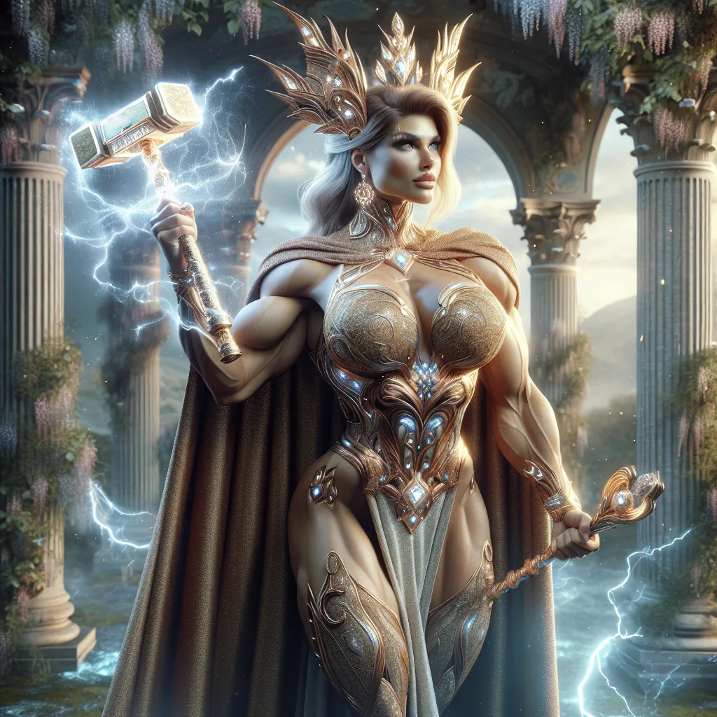 Prompt: HD 4k 3D 8k professional full-body modeling photo hyper realistic gorgeous ultra-muscular 25 years old Norse goddess bodybuilder enchanted Superheroine Thor with her hammer, ethereal Norse goddess, huge busom,  full body surrounded by ambient glow and lightning, highly detailed, 8 inch stiletto high heel shoes, intricate, beautiful superheroine style, magic powers, lighting, illusions, outdoor landscape, highly realistic woman, high fantasy background, elegant, mythical, surreal lighting, majestic, goddesslike aura, Annie Leibovitz style