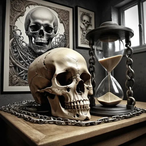 Prompt: In the foreground: Skull:: DNA:: hourglass, in the background: roots:: wall: chains:: hyper detailed, beautifully color, insane detail, macabre, Ink style, pencil drawing, hyper realistic, spraypaint urban hiphop style, Post Processing, Post-Production, insanely detailed, hypermaximalist, elegant, hyper realistic, super detailed, photography, 64k, HDR