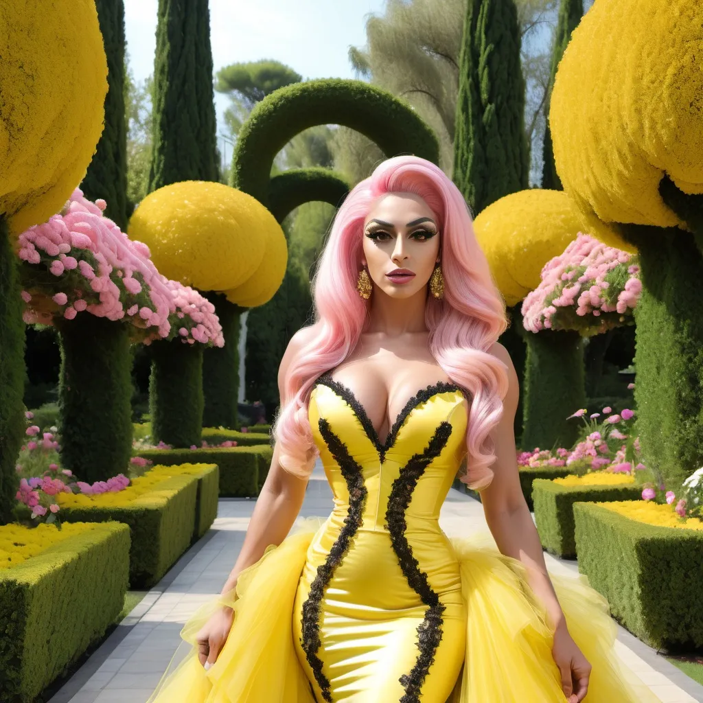 Prompt: Gorgeous ultra-muscular 25-year-old Turkish drag queen (with strong masculine jawline and brow features) bodybuilder with big busom and pink hair in a yellow mermaid wedding dress that has black lace appliques on the widest parts of the dress, but not on the top. Posing in a beautiful botanical garden.