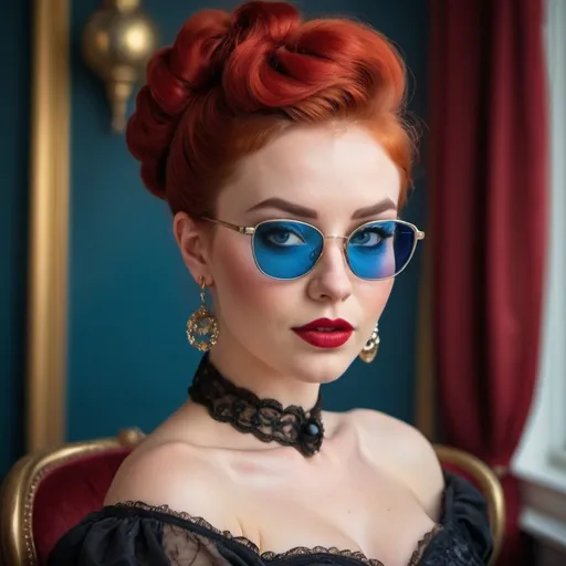 Prompt: Gorgeous 25-year-old Finnish goddess,  vivid red updo hair, bright blue eyes, small silver framed sunglasses, warm toned skin, full lips, wide jaw, broad nose, thick eyebrows, full cheeks, rounded features, hourglass figure, smirking, soft dark red lips, bright gold and black Victorian ball gown, 8 inch high heel shoes. Photoshoot. 