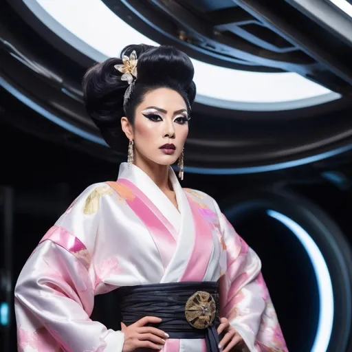 Prompt: A gorgeous muscular Japanese drag queen (very strong masculine jawline and brow features) wears a kimono while standing in a space ship, background is shows the vastness of space.