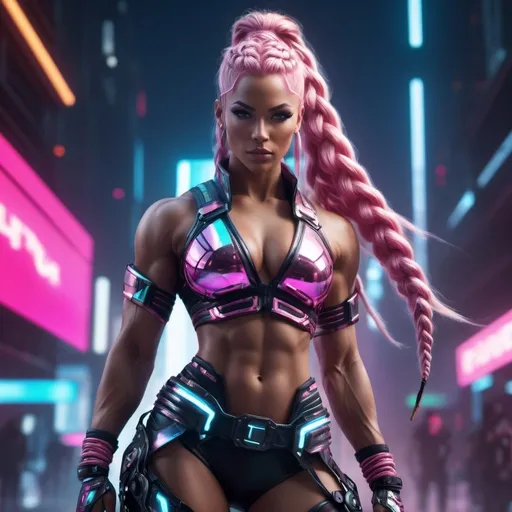 Prompt: 64k UHD detailed digital photograph of a gorgeous ultra-muscular 25-year-old Norse goddess bodybuilder with ridiculously long wavy pink braided ponytail, cyberpunk outfit, 8 inch stiletto high heel shoes,unreal engine 5, hip hop punk style, perfect autonomy body shape, muscular yet slim, detailed muscular structure, intense and authoritative gaze, futuristic Nordic setting, cool and edgy atmosphere, detailed armor with cybernetic enhancements, glowing holographic elements, high-res, ultra-detailed, anime, hip hop punk, futuristic, detailed muscles, urban setting, Victorian Nordic, powerful stance, professional, dynamic lighting