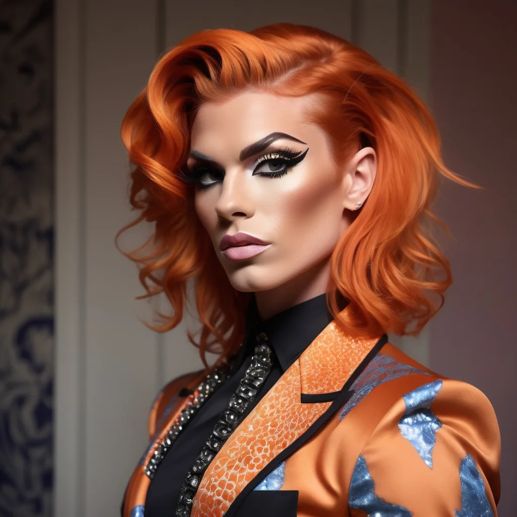 Prompt: Gorgeous muscular 25-year-old British drag queen (masculine jawline and brow features) with shoulder length stylish orange hair (Cavalli outfit), high fashion, (luxurious fabric), intricate detailing, dramatic silhouette, bold patterns, pastel colors, modern and stylish, runway-ready, beautifully styled, expressive poses, atmospheric lighting, artistic composition, edgy accessories, urban chic background, (trendy environment), cinematic aesthetic, ultra-detailed, high quality, shoulder length Brunette hair.