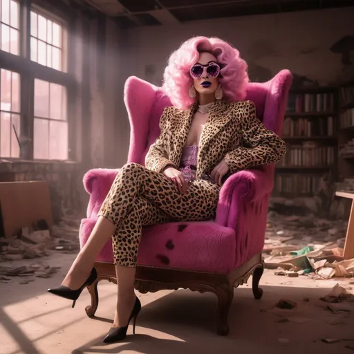 Prompt: create an image of a Drag queen sitting in an armchair in an abandoned library in a basement, with a leopard skin covering, in a realistic and vaporwave style, the light is filtered and you can see the dust in the air through the light coming in from an upper window.