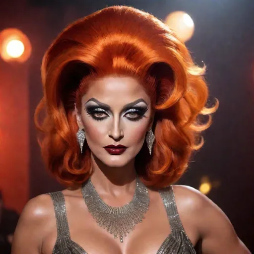 Prompt: image of Michael Douglas dressed as a gorgeous 25-year-old (((full figured))) Czechian drag queen with very long professionally styled Dark orange hair, wearing a flamboyant, yet conservative black yellow and silver Bob Mackie designer Gown, heavy eye makeup,  dark red lipstick, posing in a smokey Cabaret. hyper-realistic quality, ultra-detailed 4K imagery.