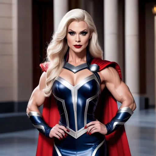 Prompt: If Thor was a gorgeous muscular drag queen (full length photo) with long muscular legs and a very muscular physique. Performing in a beautiful gown. Dark eye shadow, heavy mascara, and dark red lip stick.