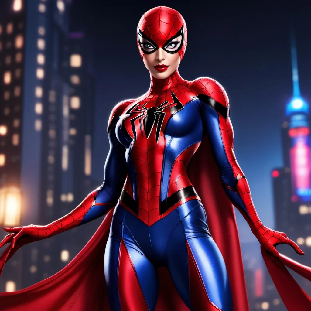 Prompt: If spiderman was a gorgeous muscular drag queen (full length photo) with long muscular legs and a very muscular physique. Performing in a beautiful gown. Dark eye shadow, heavy mascara, and dark red lip stick.