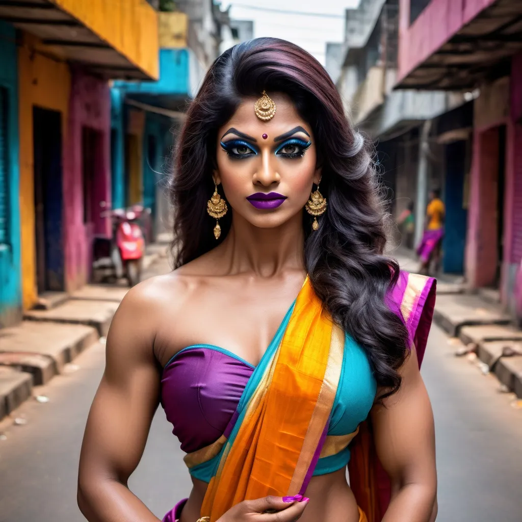 Prompt: Gorgeous ultra-muscular  25-year-old south indian drag queen with athletic figure, dark eye makeup, dark lipstick, wearing a beautiful two-toned sari, muscular physique, beautiful white color like south indian actress laxmi rai with nice figure, posing on the streets of Chennai.