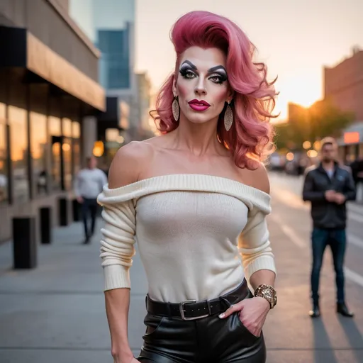 Prompt: Front view of a handsome man DRESSED UP AS a 25-year-old, muscular, gorgeous French DRAG QUEEN wearing capri pants, off the shoulder sweater, and 8 inch stiletto high heel ankle boots. Hanging out downtown at sunset.