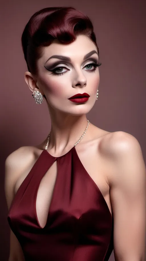 Prompt: photorealistic, (old Hollywood style), (sophisticated gorgeous ultra-muscular 25-year-old French drag queen goddess), elegant attire reminiscent of Audrey Hepburn, full length body, dark red hair styled in vintage glamour, dark smoky eyeshadow and dark red lipstick,  soft lighting capturing a nostalgic atmosphere, muted pastel colors, timeless beauty, luxurious and refined setting, classic film vibe, vintage glamour, HD, ultra-detailed,